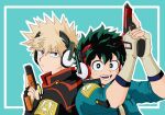  2boys aqua_background bakugou_katsuki beige_gloves black_gloves blonde_hair boku_no_hero_academia border earmuffs eyebrows_visible_through_hair finger_on_trigger fingerless_gloves freckles gloves green_eyes green_hair gun handgun highres holding holding_gun holding_weapon looking_at_viewer male_focus midoriya_izuku multiple_boys no_control open_mouth outline pistol pistols red_eyes smile spiked_hair weapon white_border white_outline 