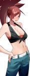  1girl bandeau belt blue_pants blush breasts cleavage crop_top eyebrows_visible_through_hair flannery_(pokemon) hands_on_hips highres long_hair looking_at_viewer looking_to_the_side midriff navel open_mouth pants pokemon pokemon_(game) pokemon_oras ponytail red_bandeau red_eyes red_hair shirt solo sweat teeth tied_shirt upper_teeth white_background white_belt yuuyuu_(yuuki1771) 