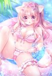  1girl animal_ear_fluff animal_ears barefoot bikini blush bow breasts cameltoe cat_ears cat_girl cat_tail chiika_(cure_cherish) cleavage floating garters hair_bow highres innertube knee_up legs long_hair looking_at_viewer lying navel on_back open_mouth original outdoors pink_bikini pink_eyes pink_hair ribbon side-tie_bikini smile solo spread_legs striped striped_bikini swimsuit tail thighs water 