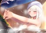  1girl blush breasts closed_eyes closed_mouth commentary_request fence interlocked_fingers long_hair medium_breasts night night_sky nude onsen original outdoors outstretched_arms partially_submerged sasahara_wakaba sky smile solo star_(sky) starry_sky stretch towel towel_on_head upper_body water wet white_hair wooden_fence 