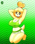  absurd_res animal_crossing anthro big_breasts blush blush_stickers bottomwear breasts canid canine canis cleavage clothed clothing dark_templar_(artist) domestic_dog female hands_behind_head hi_res hotpants isabelle_(animal_crossing) kneeling mammal midriff nintendo nipple_outline shih_tzu shorts solo toy_dog video_games 