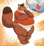  2022 absurd_res anthro belly big_belly blue_eyes book brown_body bulge clothing cocoronut dice gulonine hi_res humanoid_hands male mammal marten musical_note mustelid musteline overweight overweight_male shirt solo topwear underwear white_clothing white_underwear 