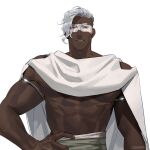  1boy abs armband artist_name bara belt biceps cape capelet dark-skinned_male dark_skin fang frown hand_on_hip highres looking_at_viewer male_focus manly muscular muscular_male navel o3tofu open_mouth original paint paint_on_body pants pectorals red_eyes silver_hair solo thick_arms upper_body 