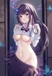  1girl bangs black_skirt blurry blurry_background blush breasts chinese_commentary closed_mouth clothes_pull collared_shirt dated earrings eyebrows_visible_through_hair genshin_impact hair_ornament highres jewelry long_hair looking_at_viewer medium_breasts miaogujun nail_polish navel pleated_skirt purple_eyes purple_hair raiden_shogun shirt signature skirt skirt_pull solo stomach underboob white_shirt 