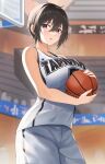  1girl ball bare_shoulders basketball basketball_uniform black_hair breasts commentary_request highres holding holding_ball large_breasts looking_at_viewer open_mouth original purple_eyes short_hair shorts sleeveless solo sportswear tapioka_(oekakitapioka) 