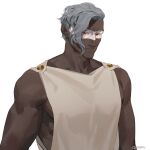  1boy artist_name bara biceps close-up dark-skinned_male dark_skin highres looking_at_viewer male_focus manly muscular muscular_male o3tofu original paint paint_on_body pectorals red_eyes shirt sidepec silver_hair sleeveless solo upper_body 