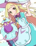  1girl absurdres alternate_costume apron blonde_hair dress green_dress green_eyes hat highres lillie_(pokemon) long_hair looking_at_viewer official_alternate_costume open_mouth peppedayo_ne pokemon pokemon_(game) pokemon_masters_ex polteageist short_sleeves smile white_headwear 