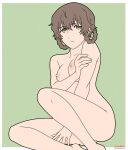  1girl amane_suzuha bare_hips bare_legs bare_shoulders between_legs braid breast_hold breasts brown_hair eldocrates hand_between_legs highres holding_own_arm looking_to_the_side nipples nude outline shoulder_blades simple_background solo steins;gate thighs yellow_eyes 