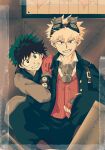  2boys bakugou_katsuki blonde_hair boku_no_hero_academia eyebrows_visible_through_hair fingerless_gloves freckles gloves goggles goggles_on_head green_hair grin hand_on_another&#039;s_shoulder highres looking_at_viewer male_focus midoriya_izuku multiple_boys no_control red_eyes red_gloves sitting smile spiked_hair steampunk tape watch wristwatch 