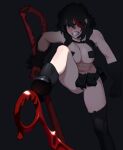  1girl alternate_costume angry belt black_hair blue_eyes boots breasts clenched_teeth covered_nipples gloves grey_background highres holster hong_doo kill_la_kill looking_at_viewer matoi_ryuuko medium_breasts multicolored_hair nudist_beach_uniform open_mouth red_hair scissor_blade short_hair shoulder_holster simple_background skull_print solo standing standing_on_one_leg streaked_hair teeth thigh_boots thighhighs two-tone_hair utility_belt 
