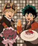  2boys bakugou_katsuki blonde_hair boku_no_hero_academia bouquet cake champagne_flute cup drinking_glass fingerless_gloves flower food freckles gloves goggles goggles_on_head green_hair happy_birthday highres holding holding_bouquet holding_cup holding_plate looking_at_viewer midoriya_izuku multiple_boys necktie no_control open_mouth orange_gloves plate red_eyes red_gloves rose smile spiked_hair tile_background 