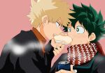  2boys bakugou_katsuki blonde_hair blush boku_no_hero_academia can eating food food_request freckles green_hair highres holding holding_can holding_food looking_at_another male_focus midoriya_izuku multiple_boys no_control open_mouth orange_sweater pink_background red_eyes red_scarf scarf sharing_food simple_background soda_can spiked_hair sweat sweater yaoi 