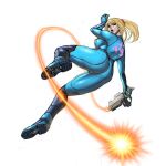  13th_clown blonde_hair blue_eyes energy_whip from_below gun handgun long_hair looking_at_viewer looking_down metroid pistol ponytail samus_aran simple_background super_smash_bros. tanita weapon white_background zero_suit 