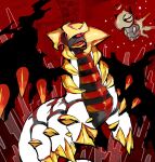 akadako animal_focus black_eyes black_sclera colored_sclera commentary_request eye_contact floating full_body giratina giratina_(altered) halo looking_at_another looking_to_the_side no_humans open_mouth partial_commentary pokemon pokemon_(creature) red_background red_eyes shedinja spikes 