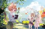  3girls amafuyu animal_ear_fluff animal_ears arms_up bag balloon black_shirt blonde_hair blue_eyes braid brown_hair brown_shorts cat_ears cat_girl cat_tail child cloud collar dress flower green_eyes handbag highres long_hair low_twintails multiple_girls open_mouth original outdoors petals plant poncho potted_plant red_eyes shirt short_hair shorts sky smile sundress sunflower tail twin_braids twintails umbrella white_dress white_shirt 