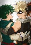  2boys arm_around_back bakugou_katsuki blonde_hair bodysuit boku_no_hero_academia eye_mask freckles gloves green_bodysuit green_eyes green_hair highres hood hood_down looking_at_viewer looking_back mask mask_removed midoriya_izuku multiple_boys no_control red_eyes smile spiked_hair white_gloves 