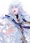  1boy ahoge bangs commentary_request fate/grand_order fate_(series) flower hair_between_eyes hair_ornament highres hood long_hair long_sleeves male_focus merlin_(fate) open_mouth purple_eyes renkon_(motimotita) ribbon robe solo very_long_hair white_hair 