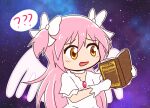  ? book bow chibi eyebrows_visible_through_hair hair_bow holding holding_book jx2_(jennyiq) kaname_madoka long_hair looking_down magia_record:_mahou_shoujo_madoka_magica_gaiden mahou_shoujo_madoka_magica pink_hair ribbon shirt space star_(sky) two_side_up ultimate_madoka white_ribbon white_shirt white_wings wings yellow_eyes 