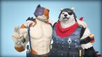  3d_(artwork) anthro arm_tattoo armor calico_cat digital_media_(artwork) domestic_cat duo epic_games eye_patch eyewear felid feline felis fortnite friends gun_holster hand_gesture hand_on_shoulder headgear helmet hi_res male male/male mammal meowscles_(fortnite) mottled muscular muscular_anthro muscular_male piebald polar_bear polar_patroller_(fortnite) scar scarf sky_chaser smile source_filmmaker tattoo ursid ursine video_games 