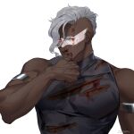  1boy armband artist_name bara biceps blood dark-skinned_male dark_skin highres injury large_pectorals looking_at_viewer male_focus manly muscular muscular_male o3tofu original paint paint_on_body pectorals red_eyes shirt silver_hair sleeveless solo thick_arms tight torn_clothes turtleneck upper_body 