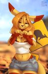  2021 absurd_res anthro blurred_background bottomwear breasts clothed clothing cloud cocoline_(artist) cutoffs dated denim denim_clothing digital_media_(artwork) female fully_clothed gesture hair hand_heart hi_res kangaroo long_hair macropod mammal marsupial midriff navel one_eye_closed orange_hair outside road_sign shorts sky solo standing topwear white_clothing white_topwear yellow_eyes 