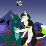  absurd_res anthro anthro_on_anthro black_body black_claws black_ears black_fur black_hair black_nose black_tail cheek_tuft chest_tuft claws duo eyes_closed facial_tuft front_view fur glistening glistening_nose green_body green_eyes green_fur green_inner_ear_fluff green_tail hair half-closed_eyes hand_on_chest hi_res inner_ear_fluff kissing male male/male martinballamore moon mountain multicolored_body multicolored_fur narrowed_eyes neck_tuft outside pink_inner_ear romantic romantic_couple short_hair sitting tuft white_body white_ears white_fur white_tail 