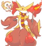  1other akadako animal_ear_fluff animal_ears animal_nose black_eyes body_fur closed_mouth clothed_pokemon commentary_request delphox envelope eye_contact fire fox_ears fox_tail full_body furry half-closed_eyes hands_up happy holding holding_stick looking_at_another mouth_hold multicolored_clothes multicolored_scarf other_focus partial_commentary pokemon pokemon_(creature) red_eyes red_fur red_scarf rowlet scarf simple_background smile snout standing stick striped striped_scarf tail white_background white_fur yellow_fur yellow_scarf 