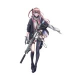  1girl absurdres ar-15 asymmetrical_legwear bangs black_footwear black_gloves black_jacket black_legwear blue_eyes closed_mouth crush_kim dress eyebrows_visible_through_hair fingerless_gloves full_body girls&#039;_frontline gloves grey_scarf gun highres holding holding_gun holding_weapon holstered_weapon jacket knife_holster lips long_hair looking_at_viewer open_clothes open_jacket pink_hair rifle scarf shoes side_ponytail sniper_rifle solo st_ar-15_(girls&#039;_frontline) standing thighhighs weapon white_background white_dress 