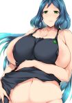  1girl apron apron_aside aqua_hair areolae arm_under_breasts black_apron breasts cleavage closed_mouth collarbone commentary_request curvy green_eyes gundam gundam_build_fighters highres huge_breasts iori_rinko lips long_hair looking_at_viewer mature_female naked_apron navel nipple_slip nipples simple_background smile solo tsukasawa_takamatsu white_background 