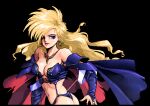  absurdres ass black black_background blonde_hair brandish breasts cleavage dela_delon eyeshadow floating_cape highres jewelry leather makeup midriff necklace non-web_source purple purple_eyes screenshot wavy_hair witch 