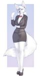  2022 anthro big_breasts bottomwear breasts canid canine clothed clothing digital_media_(artwork) eyewear female footwear fox front_view fully_clothed fur glasses hair high_heels inner_ear_fluff mammal shoes skirt solo standing tuft white_body white_fur white_hair yshanii 