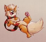  3_fingers 3_toes black_body black_fur black_nose chest_tuft claws excited eyes_closed facial_tuft featureless_crotch feet feral fingers fur growlithe hi_res inner_ear_fluff lying male mendobear nintendo nose_tuft on_back open_mouth orange_body orange_fur pawpads paws pok&eacute;mon pok&eacute;mon_(species) scarf simple_background solo tanashi textured_background toe_claws toes tongue tuft video_games 