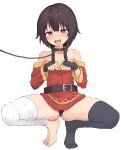  1girl absurdres asymmetrical_legwear bandaged_leg bandages belt black_hair black_legwear black_panties blush brown_eyes collar eyebrows_visible_through_hair fingerless_gloves gloves highres kono_subarashii_sekai_ni_shukufuku_wo! leash megumin no_shoes off_shoulder panties short_hair_with_long_locks single_thighhigh solo spread_legs squatting thighhighs tongue tongue_out underwear white_background yakihebi 