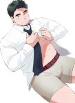  1boy bara black_eyes black_hair bulge collared_shirt facial_hair highres long_sleeves looking_at_viewer male_focus male_underwear manly muscular muscular_male navel necktie open_clothes open_shirt original plump shirt solo spiked_hair stubble thick_eyebrows thick_thighs thighs udon_oneday unbuttoned unbuttoned_shirt underwear white_background 