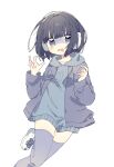  1girl black_hair bob_cut drooling grey_eyes headphones highres hood hooded_sweater indie_virtual_youtuber jacket kyuusai-chan mouth_drool open_clothes open_jacket open_mouth purple_jacket shoes short_hair sneakers socks solo sweater tears thighhighs uxxu_1213 virtual_youtuber white_background 