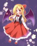  1girl bat_girl bat_wings black_vest blonde_hair blush bow center_frills collared_shirt commentary_request demon_wings elis_(touhou) facial_mark frilled_skirt frills hair_bow highres long_hair long_skirt long_sleeves mary_janes open_clothes open_mouth open_vest pointy_ears purple_eyes purple_wings red_bow red_footwear red_skirt shirt shoes skirt star_(symbol) star_wand touhou touhou_(pc-98) vest wand white_legwear wings yurufuwa_milk 