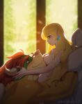  1boy 1girl bangs blonde_hair blue_eyes bowser breasts couple earrings eyebrows_visible_through_hair hug jewelry lips looking_at_another mario_(series) medium_breasts nude princess_peach red_eyes red_hair size_difference smile vanillycake 
