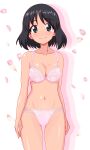  1girl absurdres black_hair blue_eyes blush bra breasts cleavage collarbone eyebrows_visible_through_hair girls_und_panzer gogopaint highres inatomi_hibiki looking_at_viewer medium_hair navel panties pink_bra pink_panties shiny shiny_hair shiny_skin simple_background small_breasts smile solo standing underwear white_background 