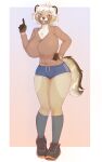  2022 anthro big_breasts border bottomwear breasts brown_body brown_fur canid canine chest_tuft clothing digital_media_(artwork) female front_view fur gradient_background hair huge_breasts mammal open_mouth open_smile raccoon_dog shorts simple_background smile solo standing tanuki tuft white_border white_hair yshanii 