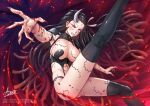  adsouto anger_vein artist_name black_hair black_legwear blood breasts brown_hair floating_hair glowing glowing_eye gradient_hair grin hair_ribbon highres horns kamado_nezuko kimetsu_no_yaiba large_breasts long_hair midriff multicolored_hair navel oni_horns pink_eyes pink_ribbon revealing_clothes ribbon shiny shiny_hair single_horn smile stomach thighhighs very_long_hair watermark web_address 