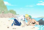  2boys beach bird blonde_hair blush crab feathered_wings green_hair hair_over_one_eye kiss long_sideburns male_focus merman monster_boy monsterification mountain multiple_boys one_piece roronoa_zoro sand sanji scar scar_across_eye shark_boy shell short_hair sideburns sky star_fish taro_(honyarara00) toned toned_male water wings yaoi 