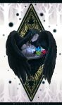  1girl bare_tree black_eyes black_hair black_wings blurry blurry_background copyright_name feathered_wings flower highres holding holding_flower insignia letterboxed long_hair pixiv_fantasia pixiv_fantasia_mountain_of_heaven solo tree tsubo_ichiro upper_body wings 