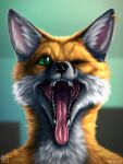  anthro black_lips black_nose canid canine cheek_tuft ear_piercing ear_ring facial_tuft fangs fox fur glistening glistening_eyes glistening_nose green_eyes inner_ear_fluff lips male mammal mouth_shot neck_tuft one_eye_closed open_mouth orange_body orange_fur piercing pink_inner_ear skyelegs solo tongue tongue_out tuft whiskers white_body white_fur white_inner_ear_fluff 