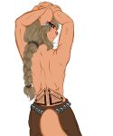  absurd_res accessory anthro athletic athletic_anthro athletic_female back_muscles belt blue_earrings bottomwear braided_hair brown_bottomwear brown_clothing brown_pants clothed clothing ear_piercing female flexing hair hair_accessory hairband hi_res inner_ear_fluff jet_(briefgarde) long_hair looking_at_viewer looking_back mammal murid murine muscular pants partially_clothed piercing rat ratfolk rodent scar simple_background solo surprise_chell tattoo thick_tail tuft white_background white_body white_skin 