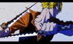  1boy alternate_weapon black_vest blonde_hair blood bruise fighting_stance from_side hair_over_one_eye holding holding_knife injury knife looking_to_the_side male_focus one_piece orange_shirt partially_unbuttoned sanji serious shirt short_hair solo taro_(honyarara00) upper_body vest weapon 