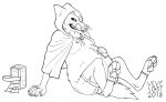  2018 anthro basket belly belly_tuft big_belly biped black_and_white canid canine canis claws clothing container dated digitigrade grin hand_on_stomach leaning leaning_back legwear looking_at_viewer male mammal monochrome pawpads paws picnic_basket signature sitting skyelegs smile solo tongue tongue_out tuft whiskers wolf 