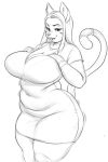  anthro breasts cleavage clothed clothing domestic_cat dress felid feline felis female hi_res holding_breast mammal mature_female monochrome msvondran simple_background thick_thighs white_background 