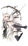  1girl animal_ear_fluff animal_ears arknights arrow_(projectile) bangs black_footwear black_gloves boots bow_(weapon) commentary_request eyebrows_visible_through_hair gloves grey_eyes haku_(grimjin) highres holding holding_bow_(weapon) holding_weapon horse_ears jacket long_hair long_sleeves midriff navel partial_commentary platinum_(arknights) shorts silver_hair simple_background solo stomach tail thighhighs very_long_hair weapon white_background white_jacket white_shorts wide_sleeves 
