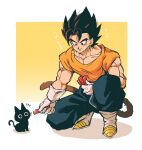  1boy 1other absurdres all_fours bangs cat dougi dragon_ball dragon_ball_super dragon_ball_z earrings feeding food fusion gloves highres holding holding_food jewelry kneeling looking_at_another looking_at_food monkey_tail muscular muscular_male pants potara_earrings relio_db318 short_hair short_sleeves simple_background spiked_hair tail translation_request vegetto white_footwear white_gloves 