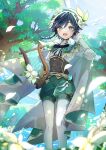  1boy absurdres androgynous argyle argyle_legwear bangs beret black_hair blue_hair blurry blurry_foreground blush bow braid brooch cape collared_cape collared_shirt commentary_request corset day eyebrows_visible_through_hair falling_petals feathers flower frilled_sleeves frills gem genshin_impact gradient_hair green_cape green_eyes green_headwear green_shorts hat hat_flower highres holding holding_instrument instrument jewelry leaf long_sleeves looking_at_viewer lyre male_focus multicolored_hair open_mouth outdoors pantyhose petals pinwheel sawawa_p shirt short_hair_with_long_locks shorts side_braids sidelocks sky smile solo tree twin_braids venti_(genshin_impact) vision_(genshin_impact) white_flower white_legwear white_shirt 
